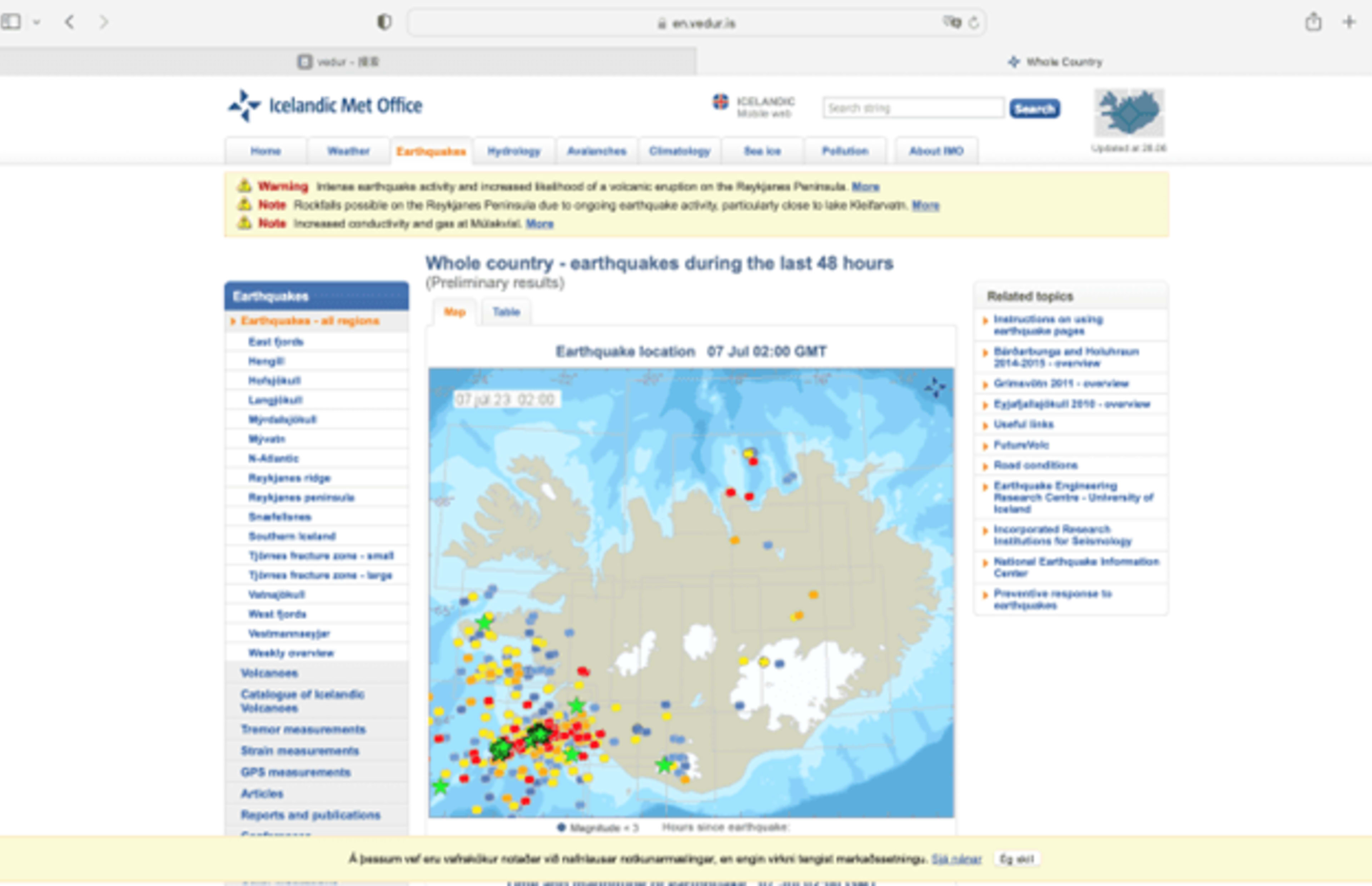 IMO iceland earthquake information website