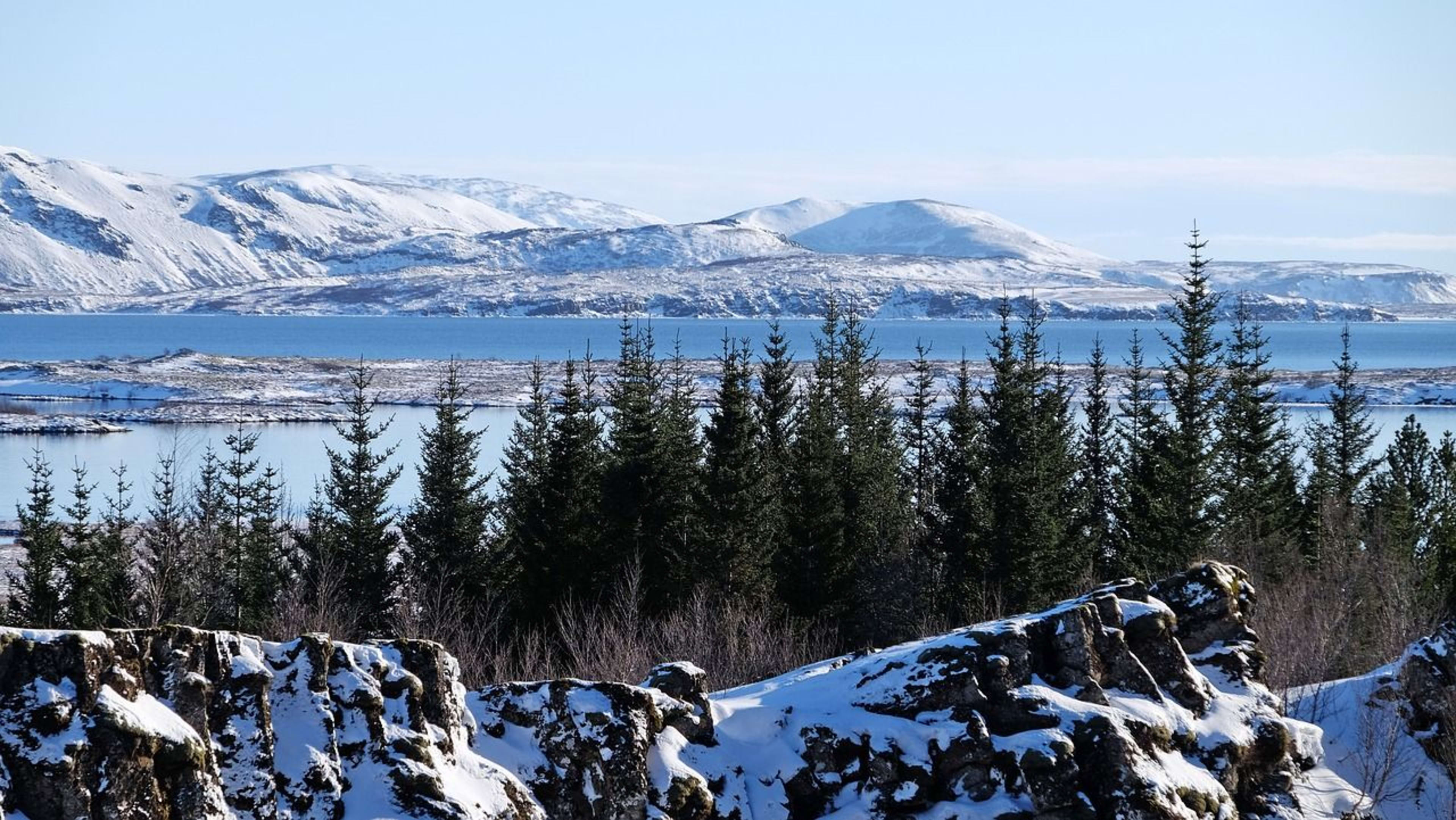 Thingvellir with distant snowy mountain in winter iceland
