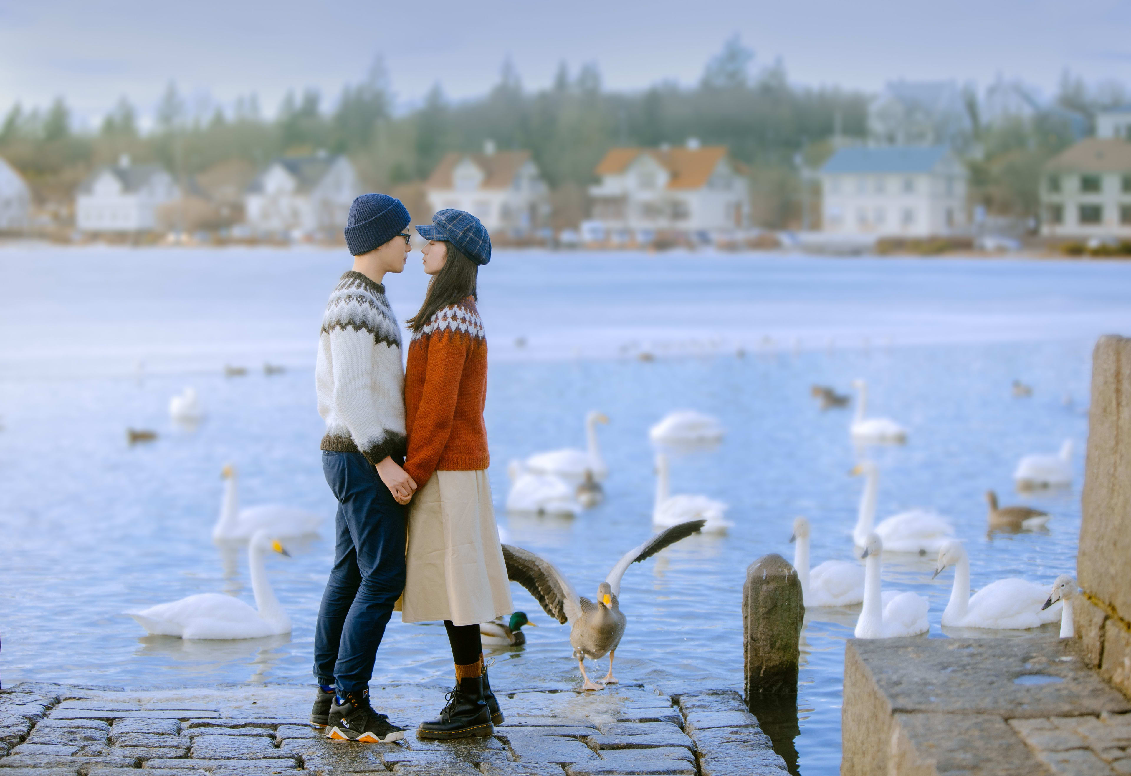 couple at sunny tjornin in reykjavik