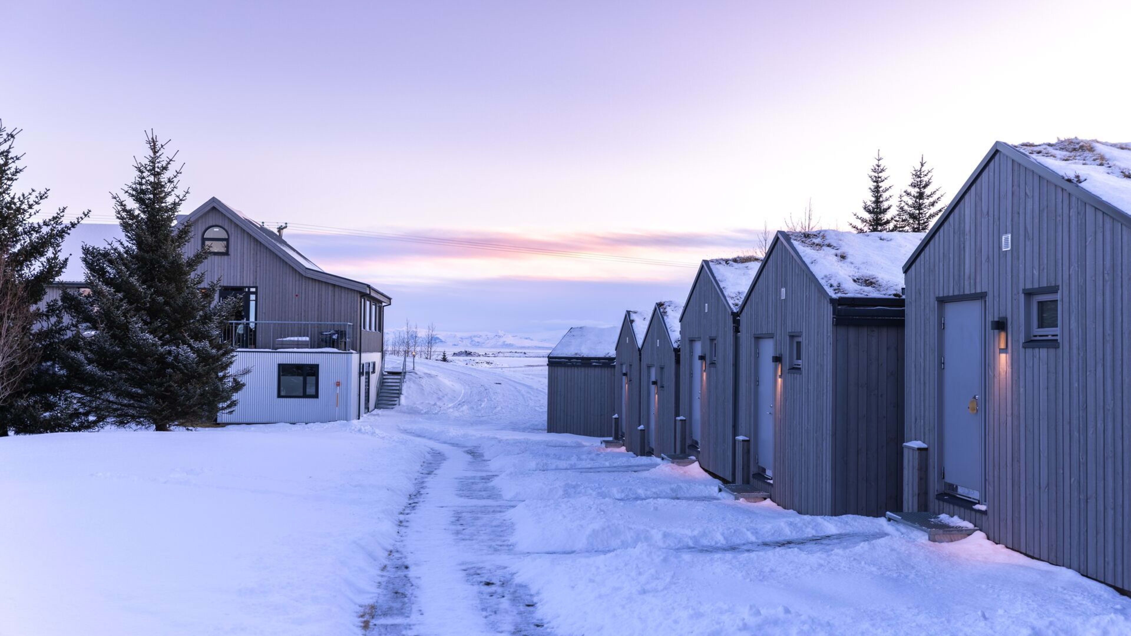 external view of magma hotel in the winter