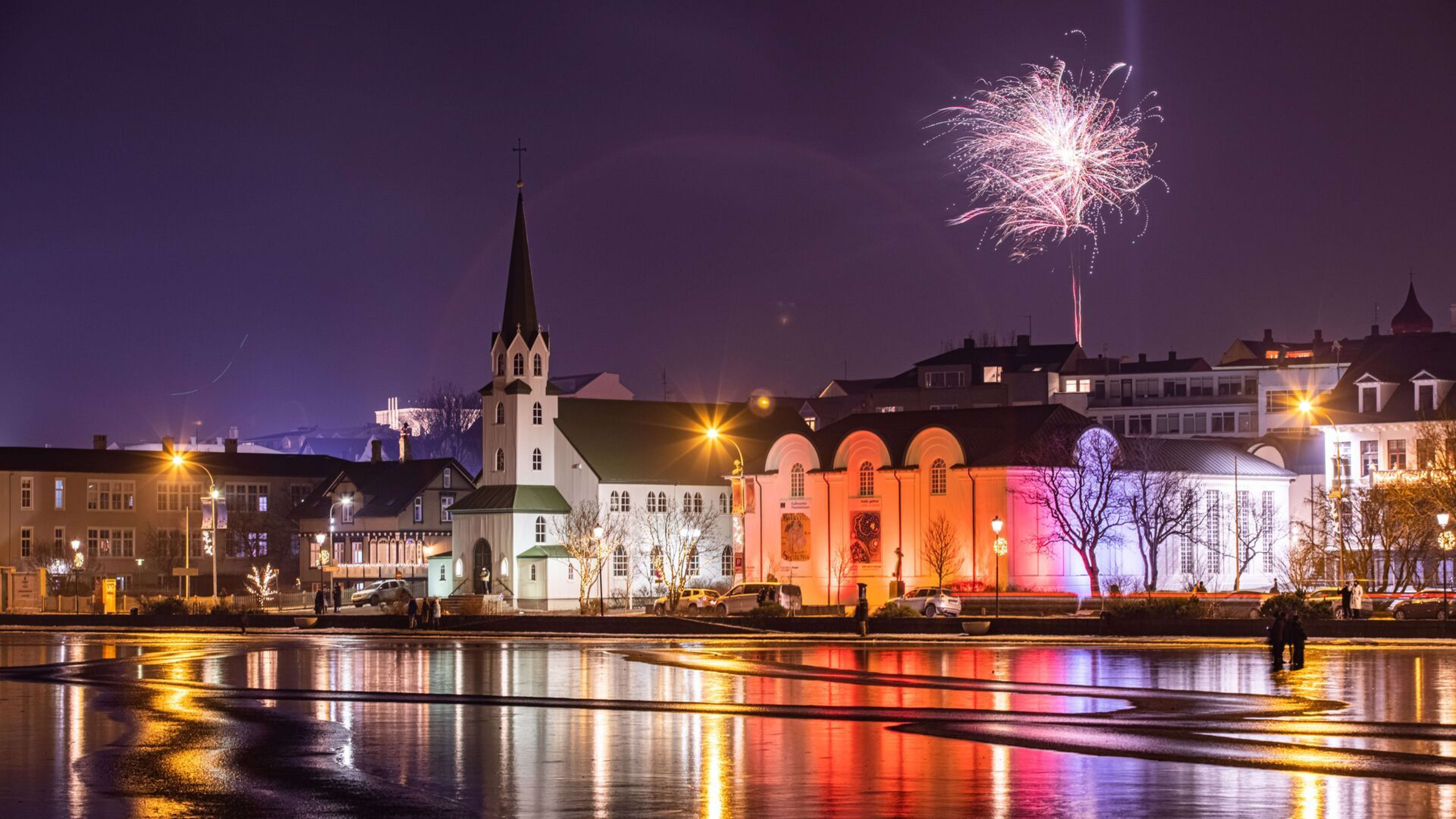 reykjavik night view and fireworks