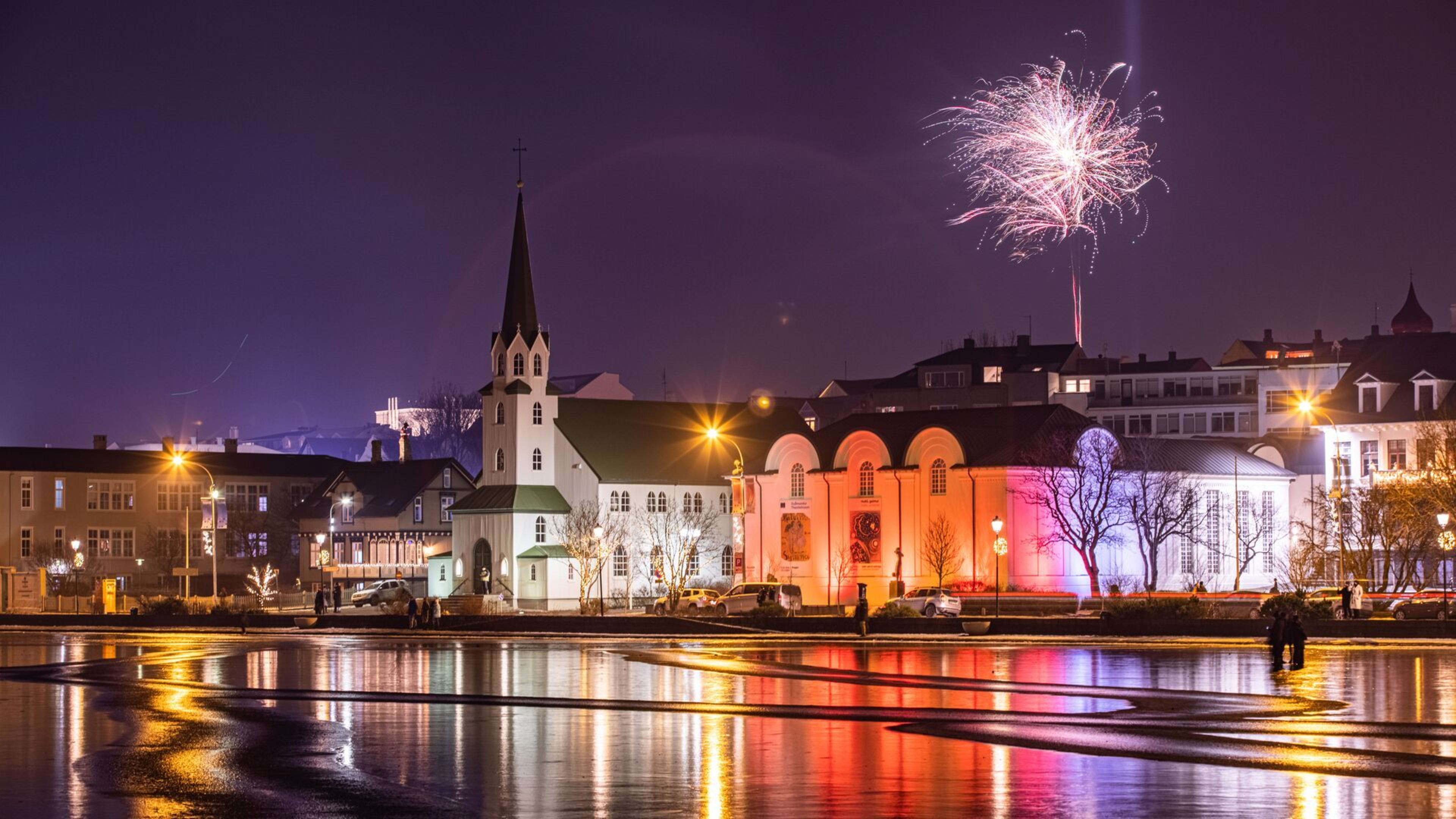 reykjavik city lights and fireworks