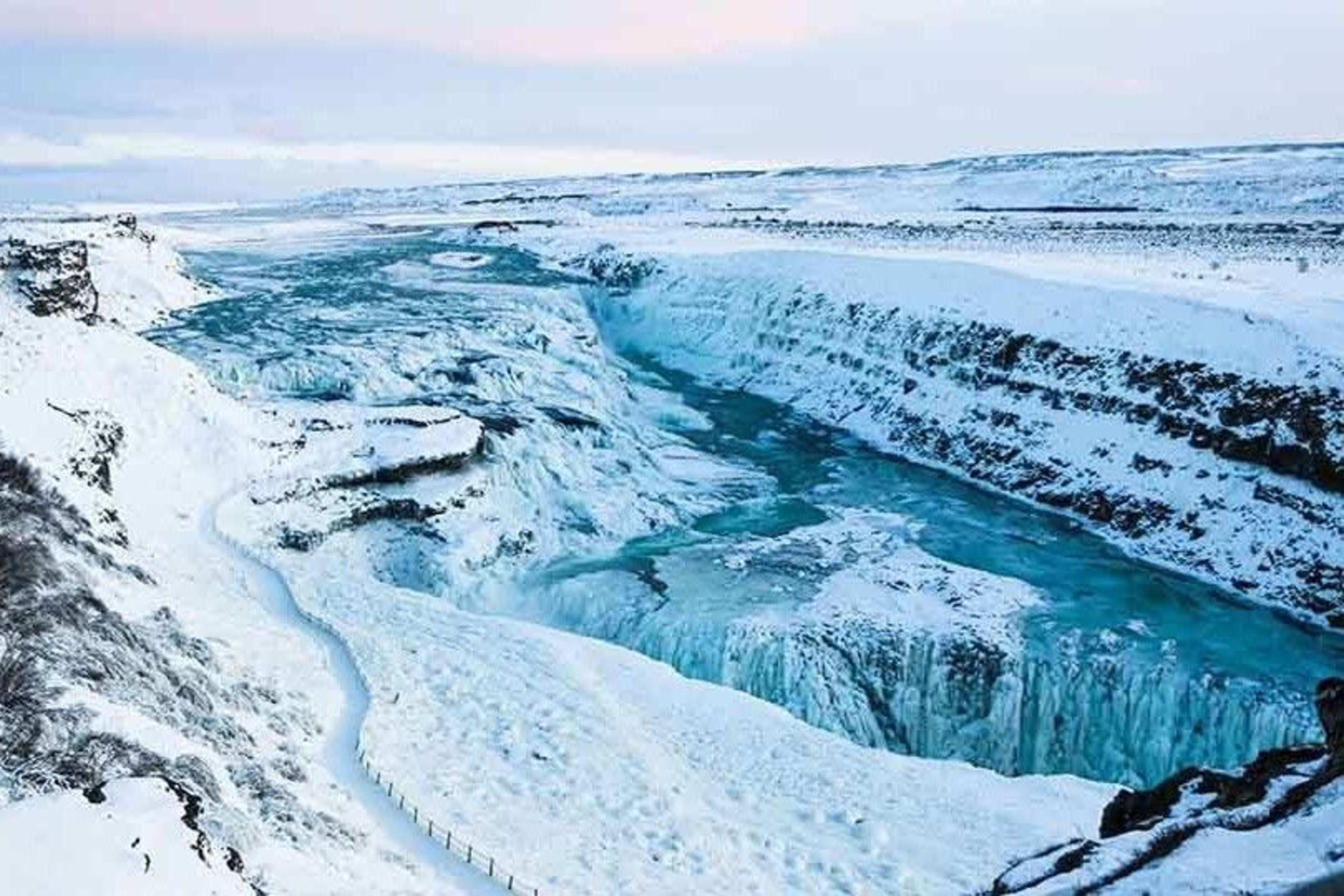 gullfoss covered with thick snow in golden circle