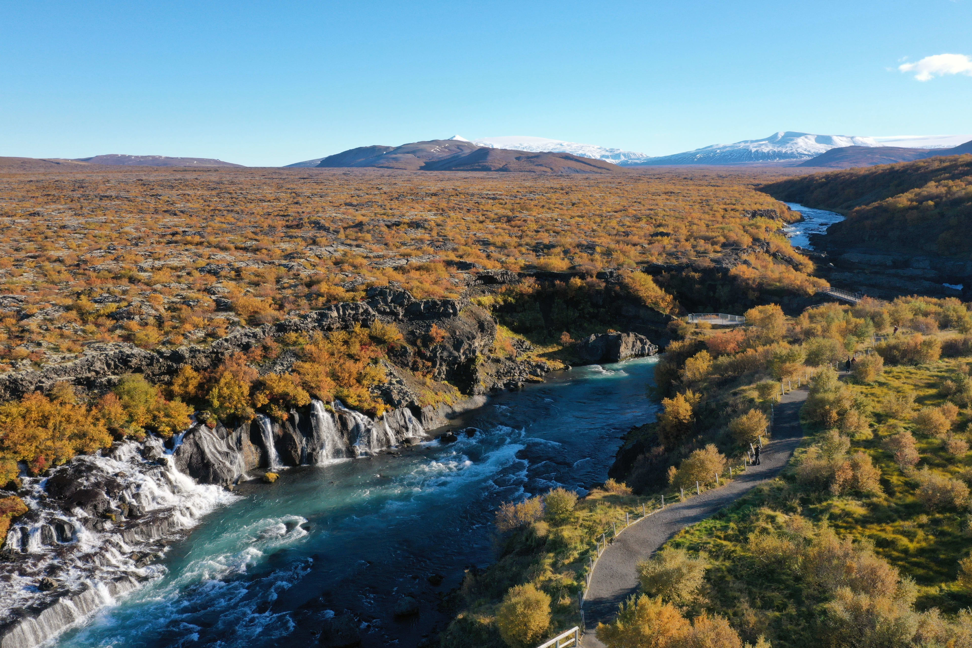 Hraunfossar with blue river