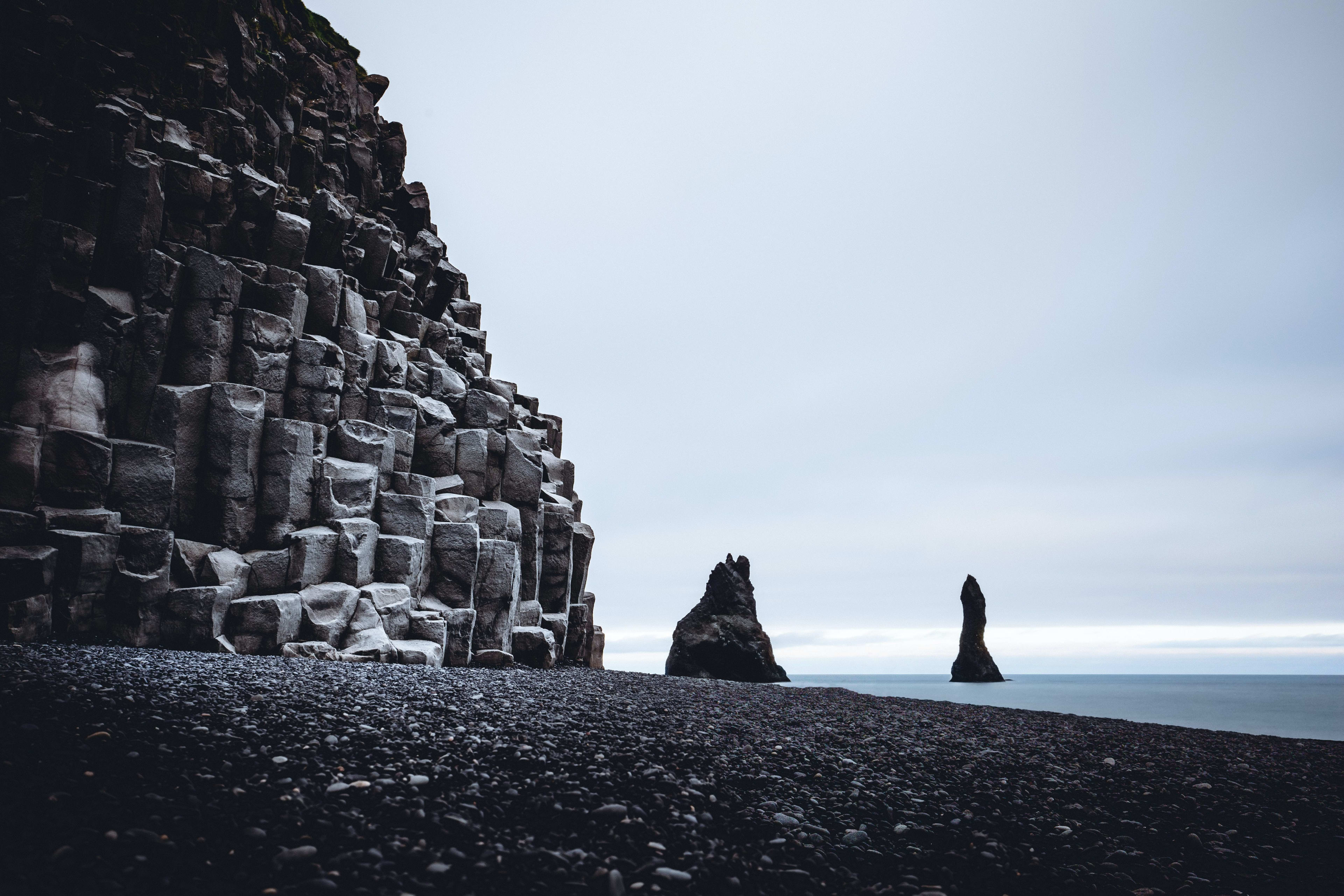 Reynisfjara black sand beach with basalt column and reynisdrangar