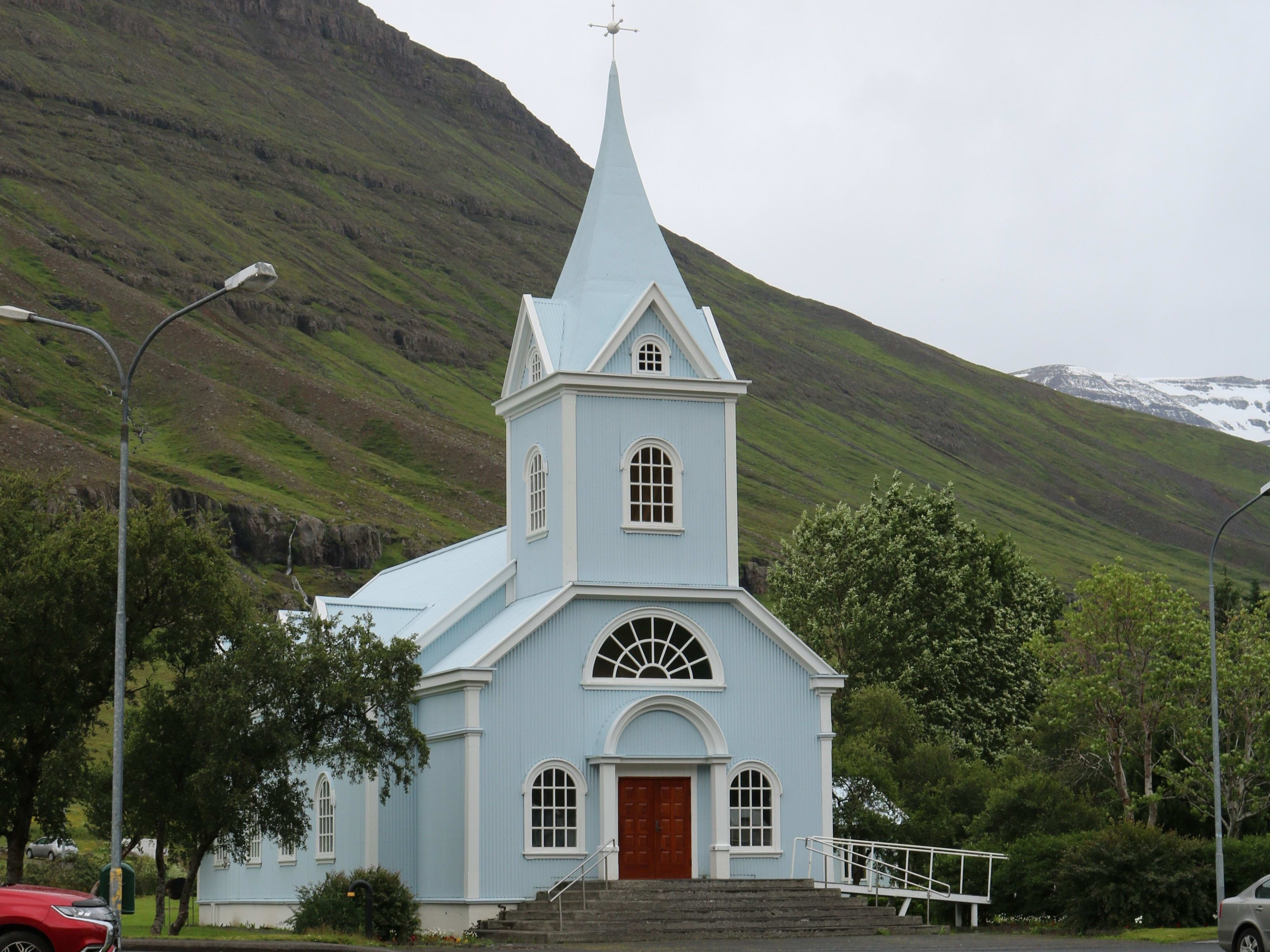 Seydisfjordur church in front of mountain