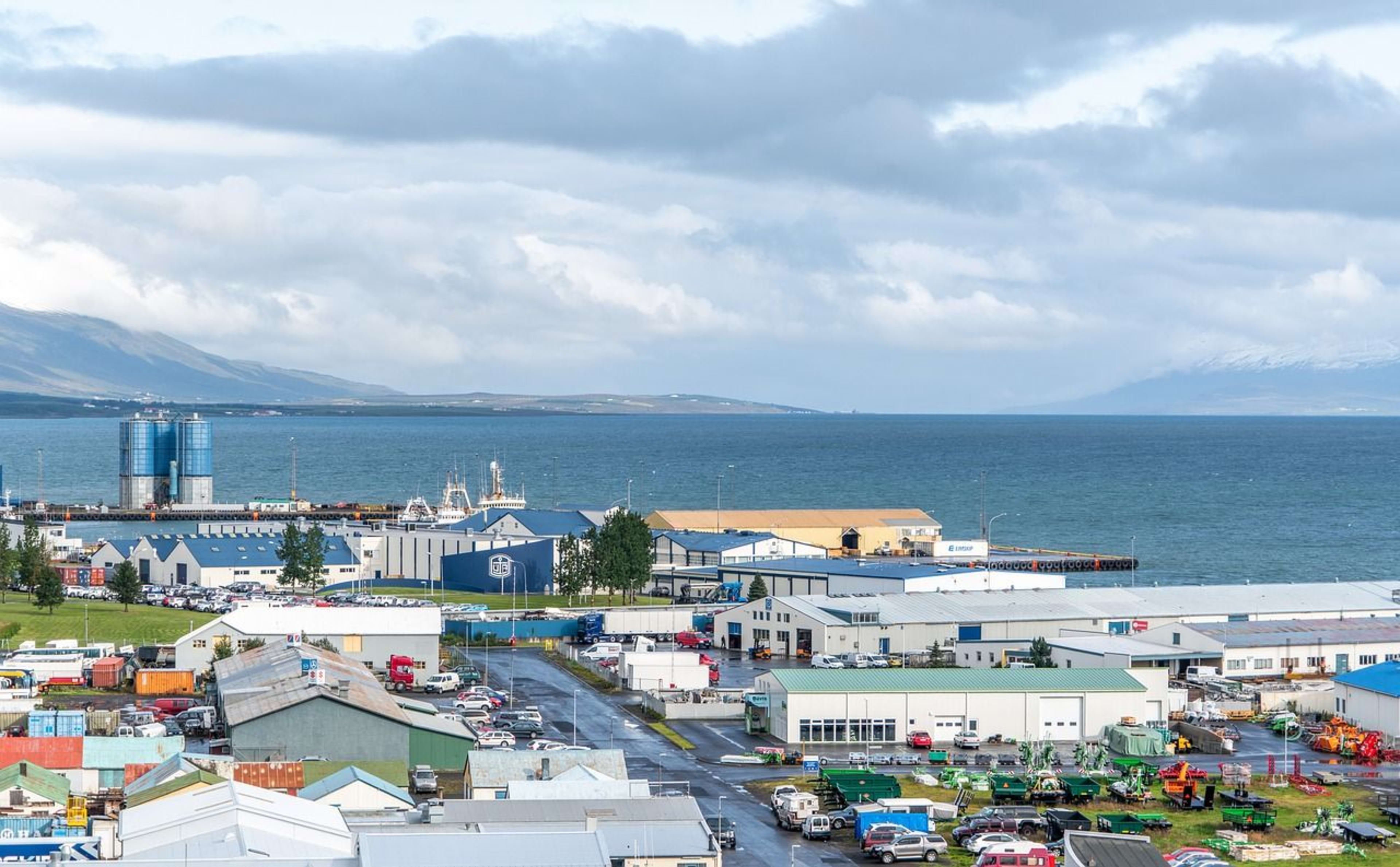 akureyri in north iceland with colorful houses and harbour