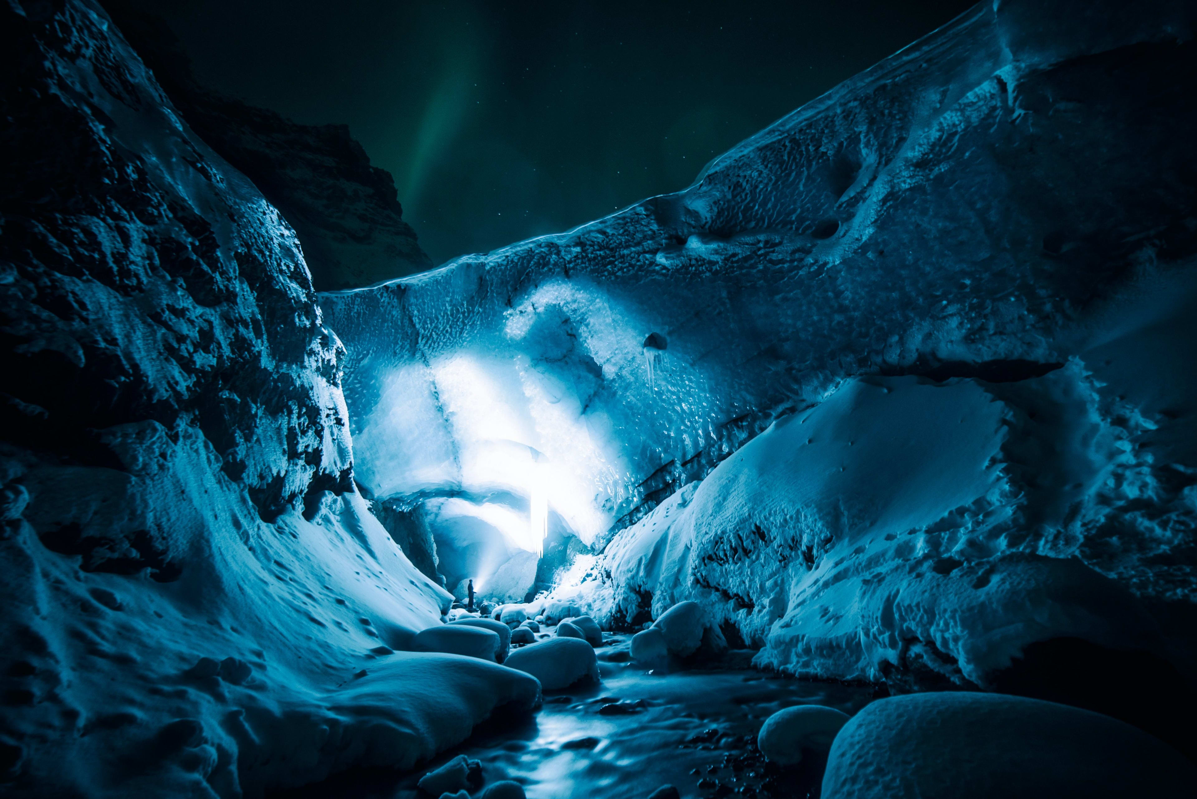 crystal ice cave with light