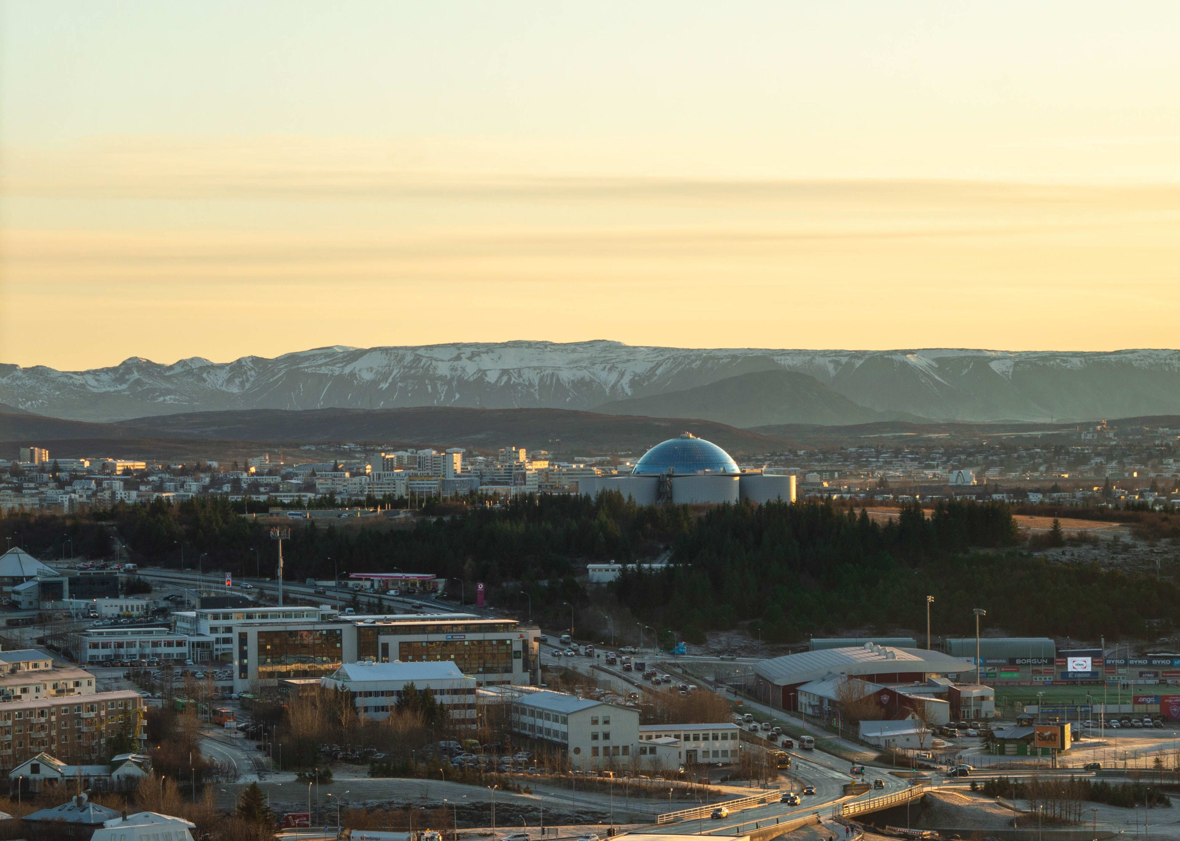 reykjavik city landscape overview with perlan museum