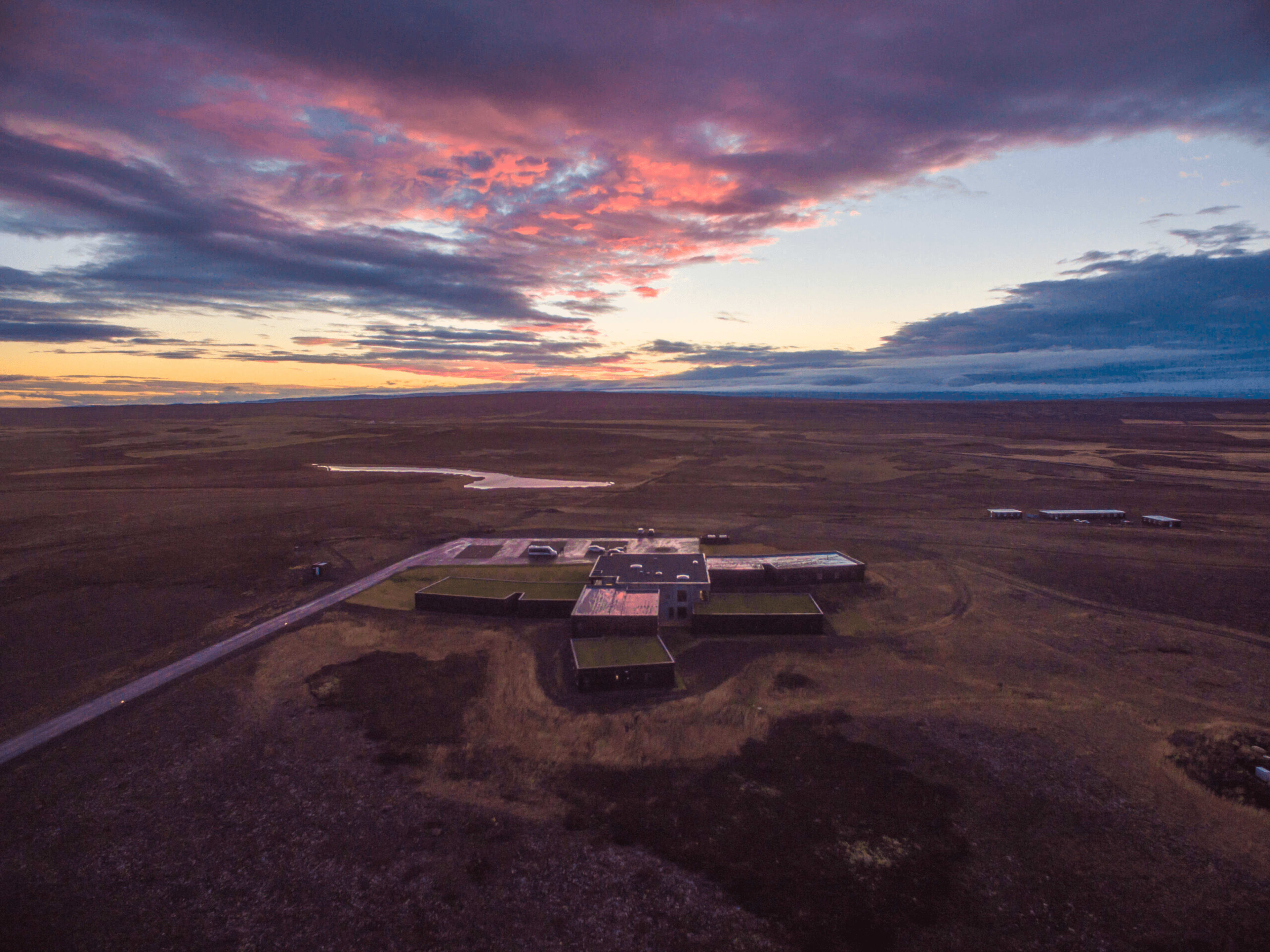 hotel under purple sky by drone