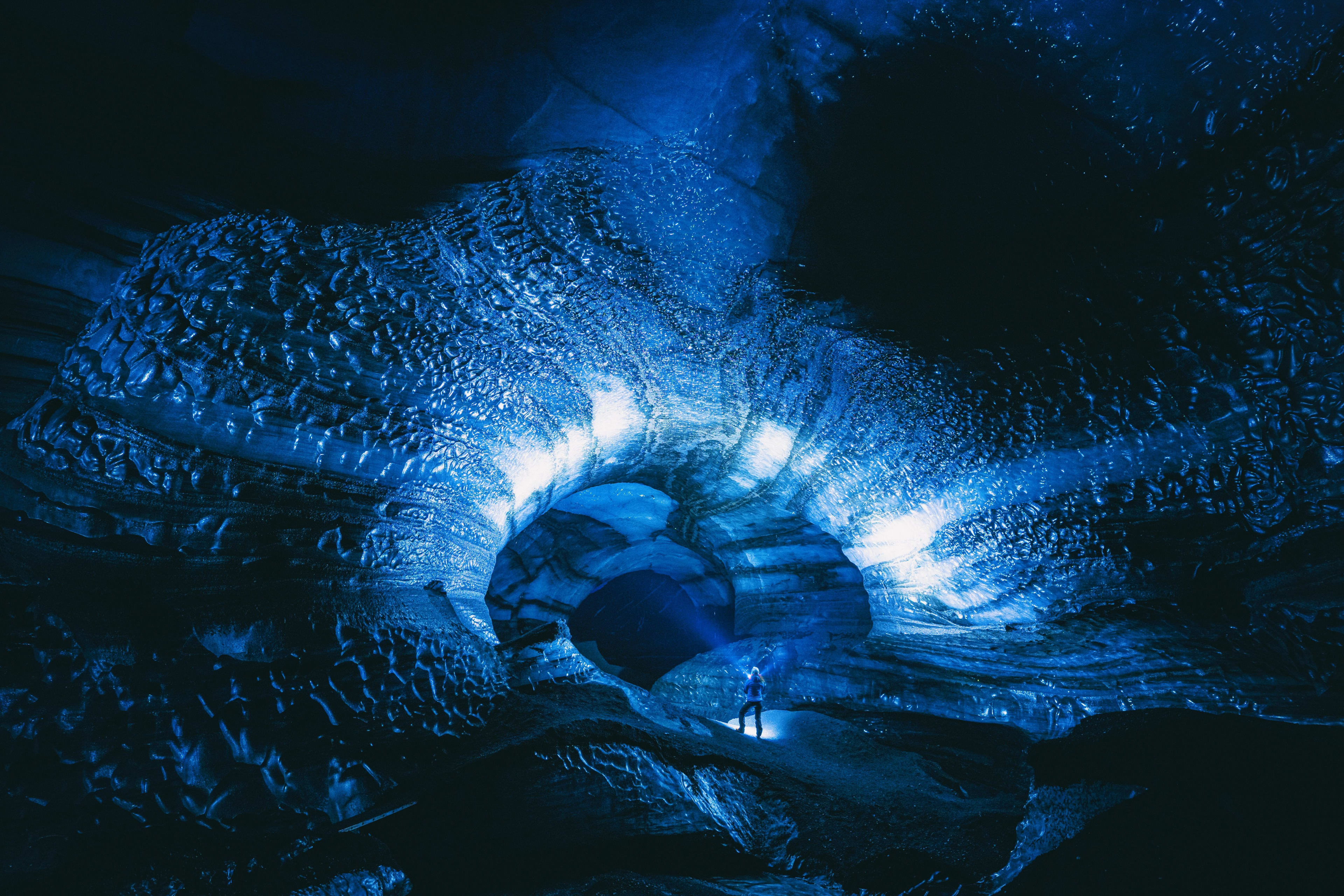 katla ice cave with blue light
