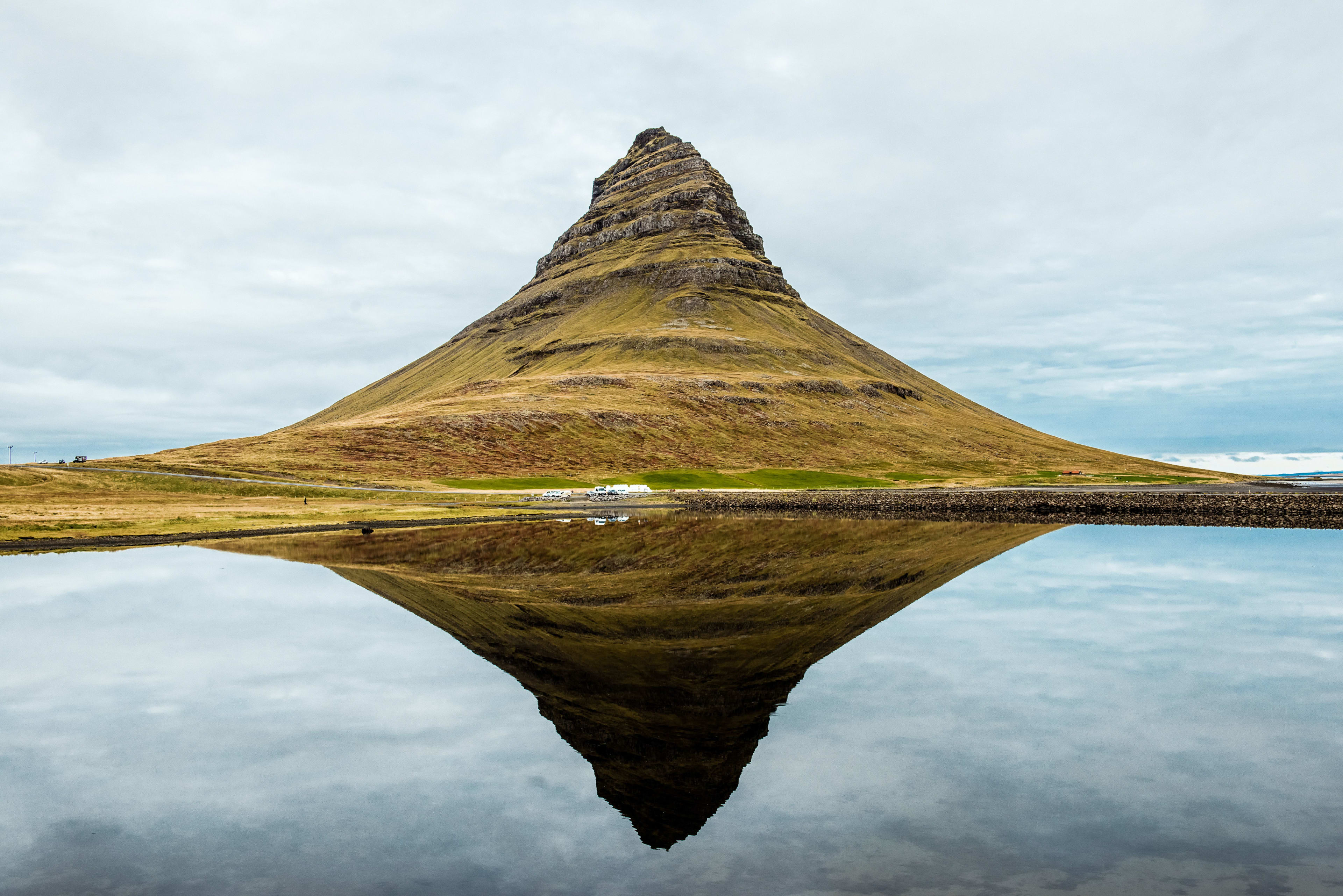 kirkjufell and its reflection in the lake
